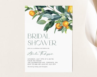 Printable Calamondin Bridal Shower Invitation template, DIY Watercolor Citrus Summer Bridal Shower Evite, Editable Bridal Shower Invite CR15