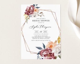 Szablon zaproszenia na wieczór panieński z jesiennymi kwiatami do druku - Edytowalne akwarelowe kwiaty Marsala Autumn Flowers Rose Gold Bridal Shower Invite FMRG7