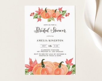 Printable Pumpkin Fall Bridal Shower Invitation Template - Watercolor Pumpkin Harvest Autumn Bridal Luncheon Evite - Editable Invite WPC5