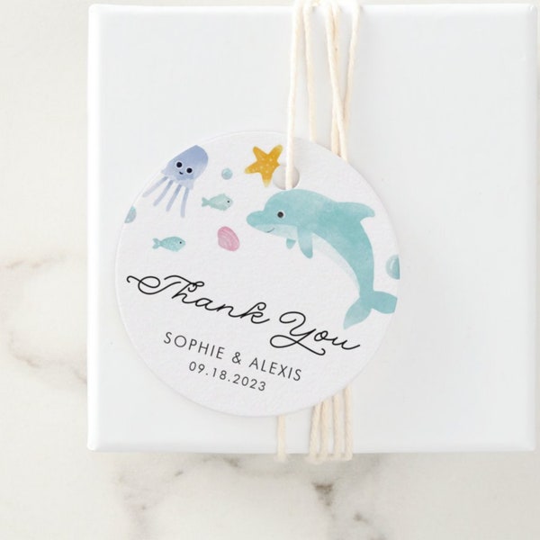 DIY Under the Sea Baby Shower Merci Gift Tag Sticker Template - Imprimable Under the Sea Favor Tag Sticker - Circle ou Square Tag U74