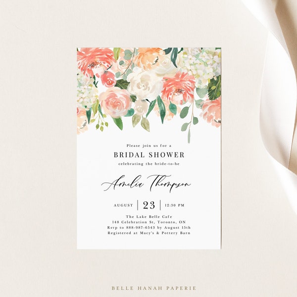 Printable Peach Floral Bridal Shower Invitation Template - Peach and Ivory Flowers Bridal Shower Evite - Editable Bridal Shower Invite PIR51