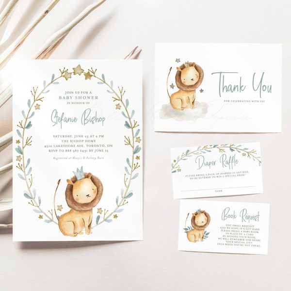 Printable Lion Prince Baby Shower Bundle Templates, Safari Baby Shower Invite, Diaper Raffle Game, Book Request Card, Thank You Card WLP32