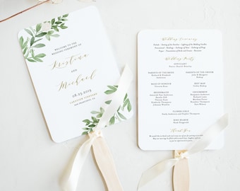 Printable Greenery Wedding Program Fans Template - DIY Watercolor Greenery and White Flowers Ceremony Program Fan - Editable GWF23