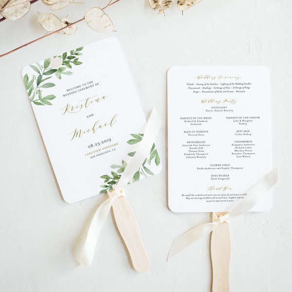 Printable Greenery Wedding Program Fans Template - DIY Watercolor Greenery and White Flowers Ceremony Program Fan - Editable GWF23