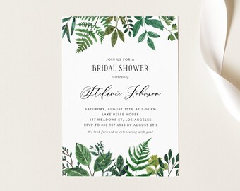 Printable Greenery Bridal Shower Invitation Template - DIY Watercolor Ferns Bridal Luncheon Evite - Editable Greenery Invitation FG24