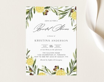 Printable Lemon Bridal Shower Invitation Template - DIY Boho Watercolor Lemon and Olive Bridal Shower Evite - Editable Lemon Invitation OL39