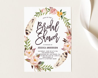 May include: A floral bridal shower invitation with a watercolor wreath of pink and yellow flowers, green leaves, and feathers. The text reads "Join us for a Bridal Shower in honour of Jessica Anderson. Saturday, June 25 at 2 PM. The Bishop Home, 410 Lakeshore Dr, San Diego, CA. RSVP to 888 987 6431 by June 15. Registered at Macy's & Pottery Barn. Belle Hanah Paperie."