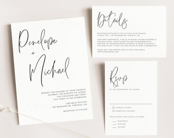 Printable Minimalist Wedding Invitation Set Templates - DIY Penelope Script Wedding Invite, RSVP, Details Cards -Editable Wedding Suite PM12