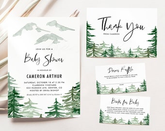 Peut inclure: Un ensemble de quatre cartes imprimables pour une fête prénatale. Les cartes présentent une illustration aquarelle d'une forêt avec des montagnes en arrière-plan. Le texte sur les cartes indique "Merci de la part de Cameron", "Tombola de couches", "Livres pour bébé" et "Rejoignez-nous pour une fête prénatale en l'honneur de Cameron Arthur".