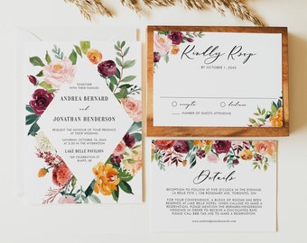 Printable Fall Floral Wedding Invitation Set Template, DIY Watercolor Autumn Blooms Invite, RSVP, Details Card - Editable Wedding Suite AB41