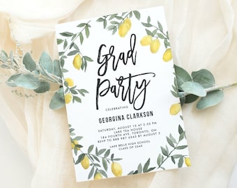 Printable Boho Lemon Wreath Graduation Party Invitation Template - Rustic Watercolor Lemon Wreath Grad Party Evite - Editable Invite BLW1