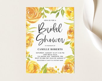 Printable Yellow Peony Bridal Shower Invitation Template - Yellow Floral Frame Summer Bridal Luncheon Evite - Editable Bridal Shower YF63