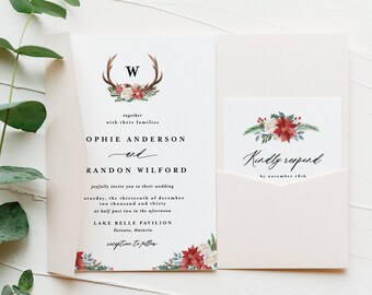 May include: A wedding invitation with a white background and a red and green floral design. The invitation features a monogram with the letter "W" and antlers. The text reads "together with their families Ophie Anderson and Randon Wilford joyfully invite you to their wedding Saturday, the thirteenth of December two thousand and thirty at half past two in the afternoon Lake Belle Pavilion Toronto, Ontario reception to follow Kindly respond by November 18th"