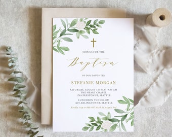 Greenery Baptism Invitation Template - Printable Watercolor Greenery and White Flowers Christening Invite - DIY, Editable GWF23
