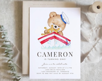 Printable Watercolour Sailor Bear Birthday Invitation Template | Editable Baby Bear Kids Birthday Invite | DIY Cute Nautical Bear Theme CCB6
