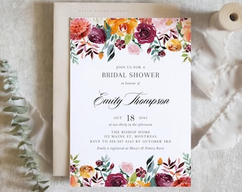 Szablon zaproszenia na baby shower z jesiennymi kwiatami do druku – DIY: Jesienne kwiaty, rdzawo-pomarańczowe zaproszenie na baby shower – Akwarelowe rdzawo-pomarańczowe zaproszenie AB41