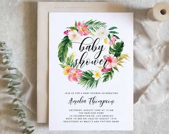 Printable Tropical Baby Shower Invitation Template - DIY Watercolor Tropical Floral Wreath Baby Shower Invite - Editable Shower Luau #010