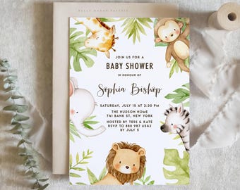 Szablon zaproszenia na baby shower w stylu safari do druku – DIY akwarelowe zaproszenie z motywem zwierząt safari – zaproszenie na baby shower w stylu dżungli – edytowalne zaproszenie SF87