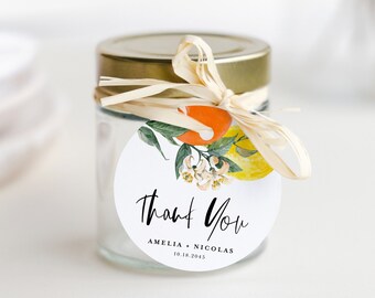 Plantilla imprimible de etiqueta de agradecimiento con motivos cítricos - Etiqueta botánica de boda DIY de 2x2 con diseño de limón y naranja en acuarela - Etiqueta editable para despedida de soltera con diseño de limón BC85