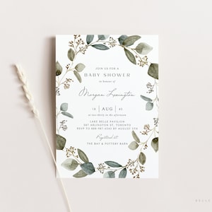 Modello di invito stampabile Boho Baby Shower - Acquerello vintage seminato Eucalyptus Wreath Baby Brunch Evite - Invito modificabile SE05