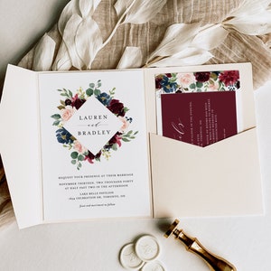 Modèles imprimables d’invitation de mariage floral de Bourgogne - Invitation florale d’automne aquarelle, RSVP, carte de détails - Suite de mariage modifiable BNB65