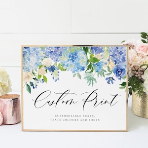 Printable Hydrangea Custom Quote Print Sign Template - DIY Create Your Own Sign - 8x10 Watercolor Blue Hydrangeas Wedding Shower Sign #024