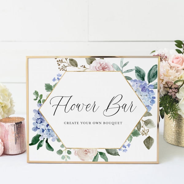 Blue Floral Flower Bar Sign - Printable Hydrangeas & Roses Gold Foil Make Your Own Bouquet Station Shower Sign - Instant Download BHR5