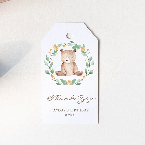 Printable Bear Thank You Gift Tag Template - Editable Watercolor Bear Greenery Wreath Birthday Gift Tag - DIY Woodland Baby Shower Tag WB85