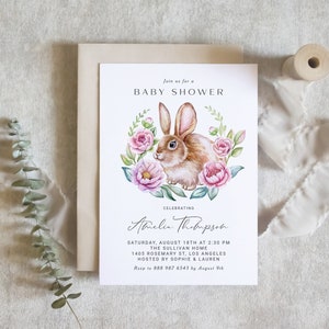 Printable Rabbit Baby Shower Invitation Template - Watercolor Bunny Pink Floral Wreath Baby Shower Invite - Editable Bunny Invitation #025