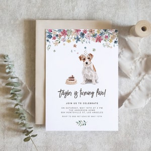May include: A birthday party invitation with a watercolor illustration of a dog wearing a party hat and a piece of cake. The text reads "taylor is turning five!" and includes details about the party, including the date, time, location, and RSVP information.