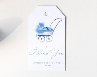 May include: Blue and white watercolour illustration of a baby carriage with the text "Thank You" and "Sophie's Baby Shower 17.08.2045" on a white tag.