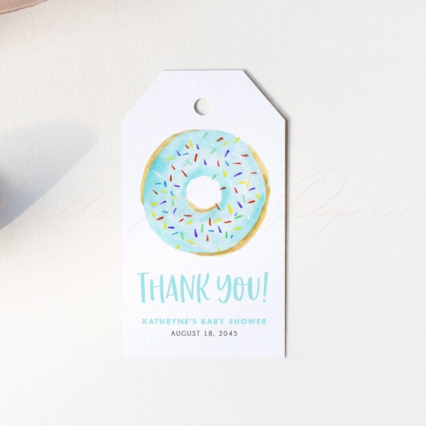 Printable Blue Donut Thank You Gift Tag Template, Baby Shower Thank You Tag, DIY Blue Watercolor Donut Baby Sprinkle Tag, Editable Tag BD32