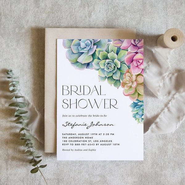 Printable Succulent Bridal Shower Invitation Template - DIY Watercolor Succulents Bridal Shower Evite - Editable Succulents Invitation PS35