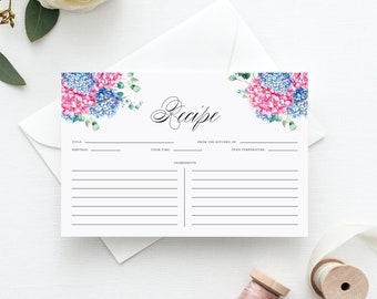 Printable Floral Recipe Card - 4x6 Watercolor Pink and Blue Hydrangeas Recipe Card - Spring Bridal Shower Recipe Card - Instant Download