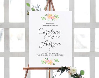 Druckbare Hochzeit Willkommensschild - zierliche Aquarell Blumen Hochzeit Poster - hübsche Blumen willkommen zu unserer Hochzeit-Zeichen - anpassbare Farben