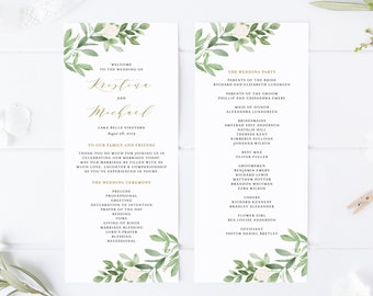Printable Greenery Wedding Programs Template - 4x9 Watercolor Greenery and White Flowers Ceremony Program - Editable Wedding Programs GWF23