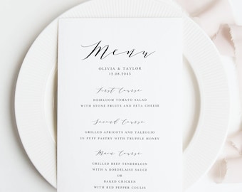 Printable Script Menu Card Template - 4x9 Elegant Katherine Script Wedding Menu Card - Editable Bridal Shower Menu Card - Customizable Color