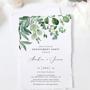 Greenery Engagement Party Invitation Template - Printable Watercolor Eucalyptus Greenery Couples Shower Invite - DIY Editable Invite EG1