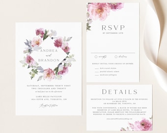 Printable Floral Wedding Invitation Set Template - DIY Watercolor Purple Peonies Invite and Enclosure Cards - Editable Wedding Suite WP41