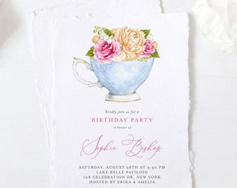 Printable Teacup Birthday Invitation Template - DIY Printable Watercolor Roses Floral Teacup Birthday Tea Party Evite - Editable Invite P1T2