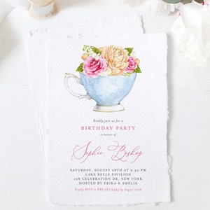Printable Teacup Birthday Invitation Template - DIY Printable Watercolor Roses Floral Teacup Birthday Tea Party Evite - Editable Invite P1T2