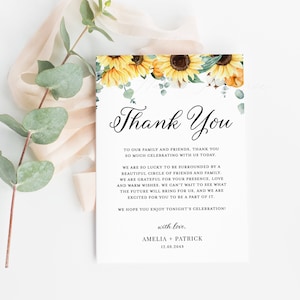 Modelo de cartão de agradecimento de casamento de outono de girassóis - Cartão de agradecimento de abóbora e girassóis em aquarela para impressão - Cartão de agradecimento editável PS45