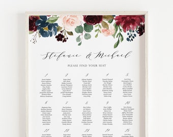 Plantilla de tabla de asientos de boda de otoño DIY - Acuarela imprimible Borgoña y guirnalda floral azul marino Signo del plan de asientos de otoño - BNB65 editable