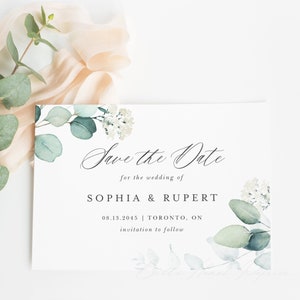 Modelo para impressão Boho Greenery Save the Date - DIY Boho Watercolor Eucalyptus Save the Date Card - Editável Save the Date - Templett AE25