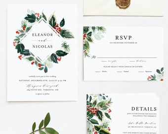 Printable Winter Greenery Wedding Invitation Set Template - Watercolor Christmas Greenery Invite and Enclosure Cards - Wedding Suite CG25