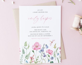 Pretty Floral Baby Shower Invitation Template - Printable Pink Watercolor Delicate Flowers Girl Baby Shower Invite - DIY Editable DF18