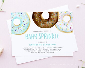 Afdrukbare Donuts Baby Sprinkle Uitnodiging Sjabloon - Aquarel Blauw, Wit en Chocolade Donuts Baby Sprinkle Evite - Bewerkbare Uitnodigen BC32