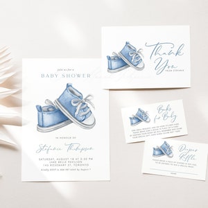 Afdrukbare blauwe slofjes babyshower bundel sjabloon - DIY It's a Boy babyshower uitnodiging, luierloterij, boekverzoek, bedankkaart BB95