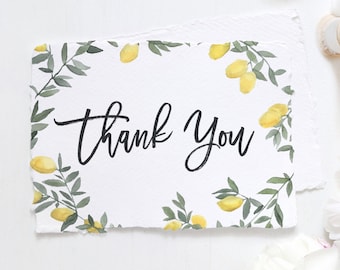 Boho Lemon Wedding Thank You Card - 5x7 Printable Boho Watercolor Lemon Wreath Rustic Script Flat Thank You Card - Instant Download BLW1
