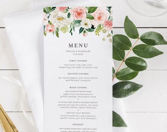 Printable Menu Card Template - 4x8 Editable Menu - Romantic Watercolor Peach and White Flowers Menu Card - Floral Menu - Instant Download